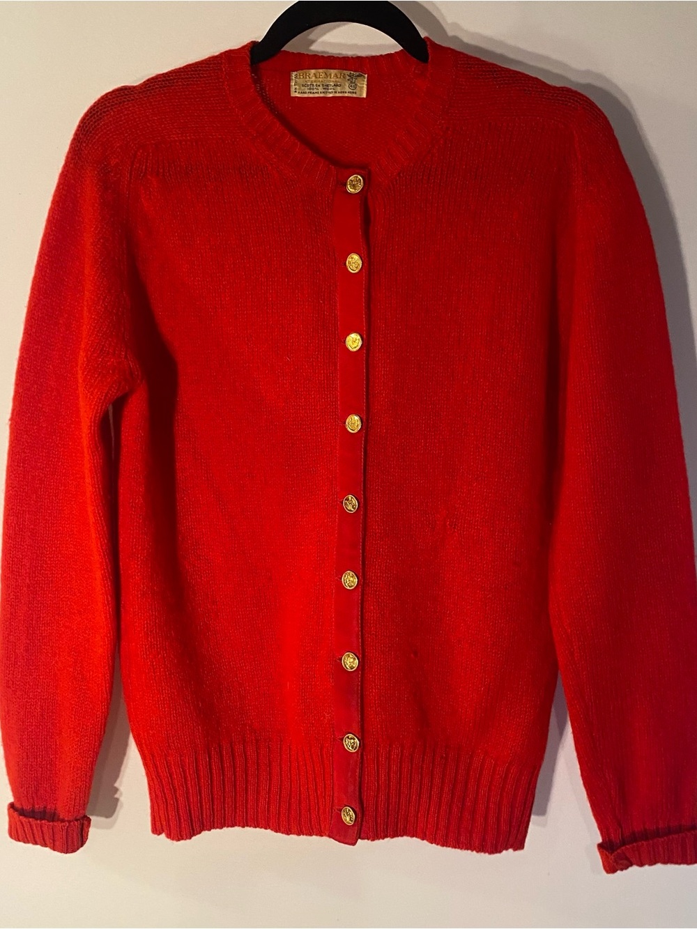 Vintage Braemar Red Cardigan 
100% Scottish Shetland Wool Size 40